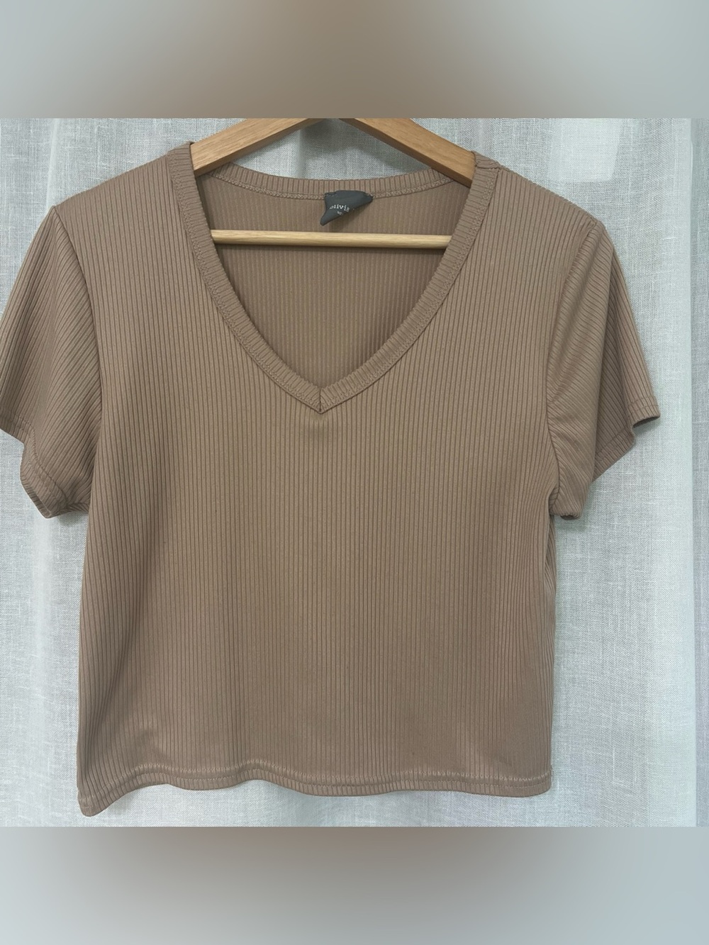 Olivia Rae Ribbed V-Neck Short Sleeve Top - Taupe